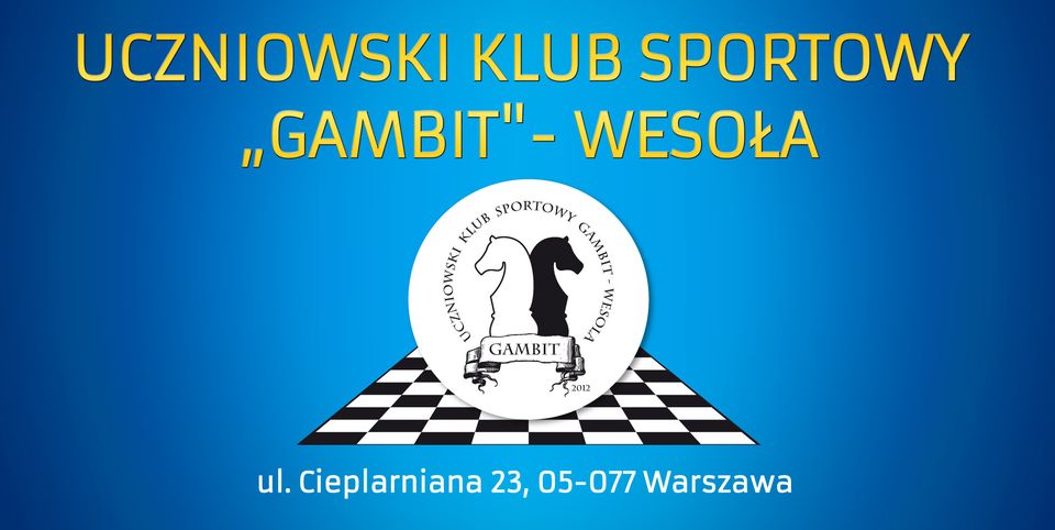 Logo klubu z głową konia na szachownicy i adresem klubu, UKS Gambit Wesoła z Warszawy