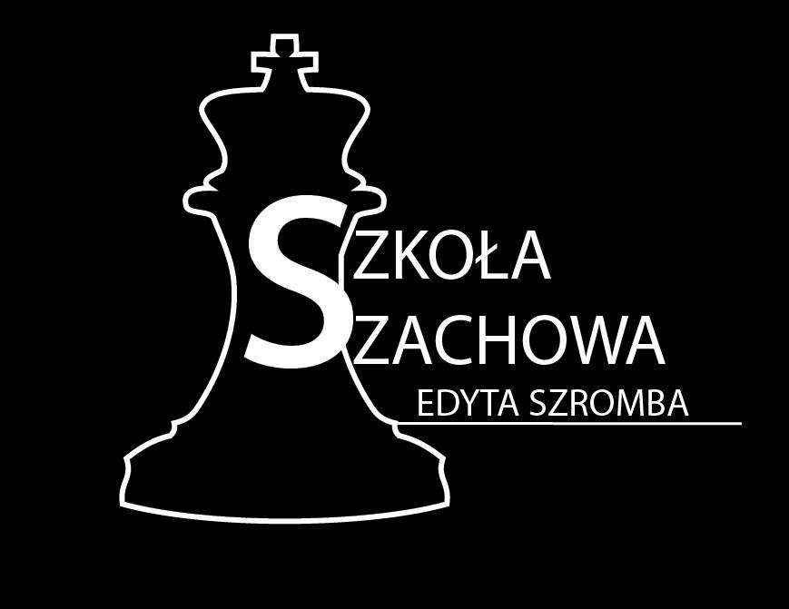 Logo szkoły szachowej z białym konturem wieży i króla, Szkoła Szachowa - Edyta Szromba z Krakowa