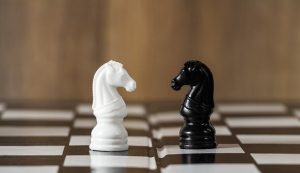 biały i czarny koń na szachownicy